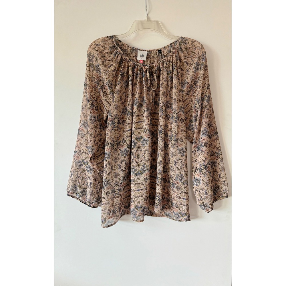 Cabi Women's S Sheer Floral Blouse Tie Neck Cottage Core Peasant Romantic Boho - Picture 1 of 10